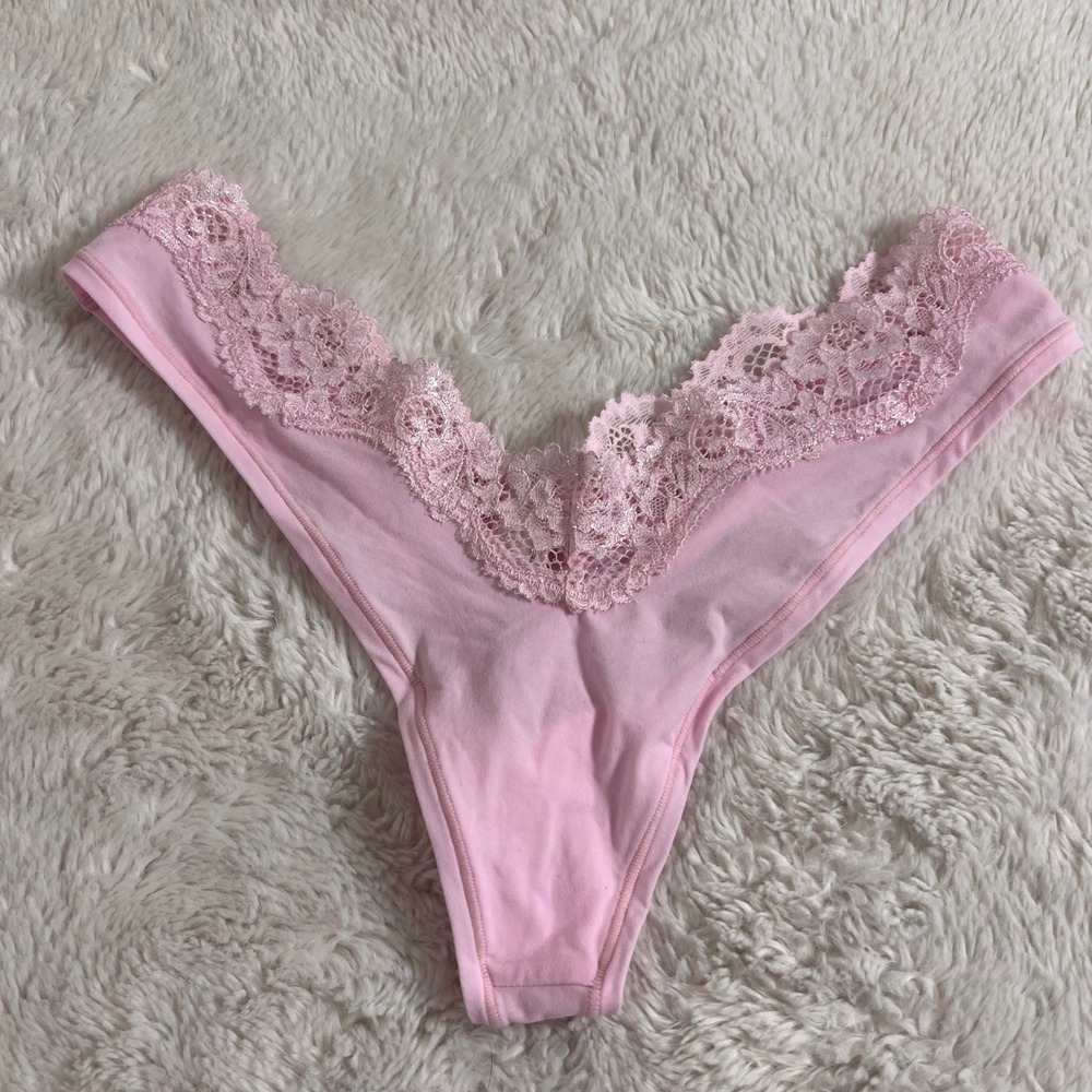 Skims Cotton Jersey Lace Trim Thong Petal Pink Low Rise TH-THG-10332W Small Soft